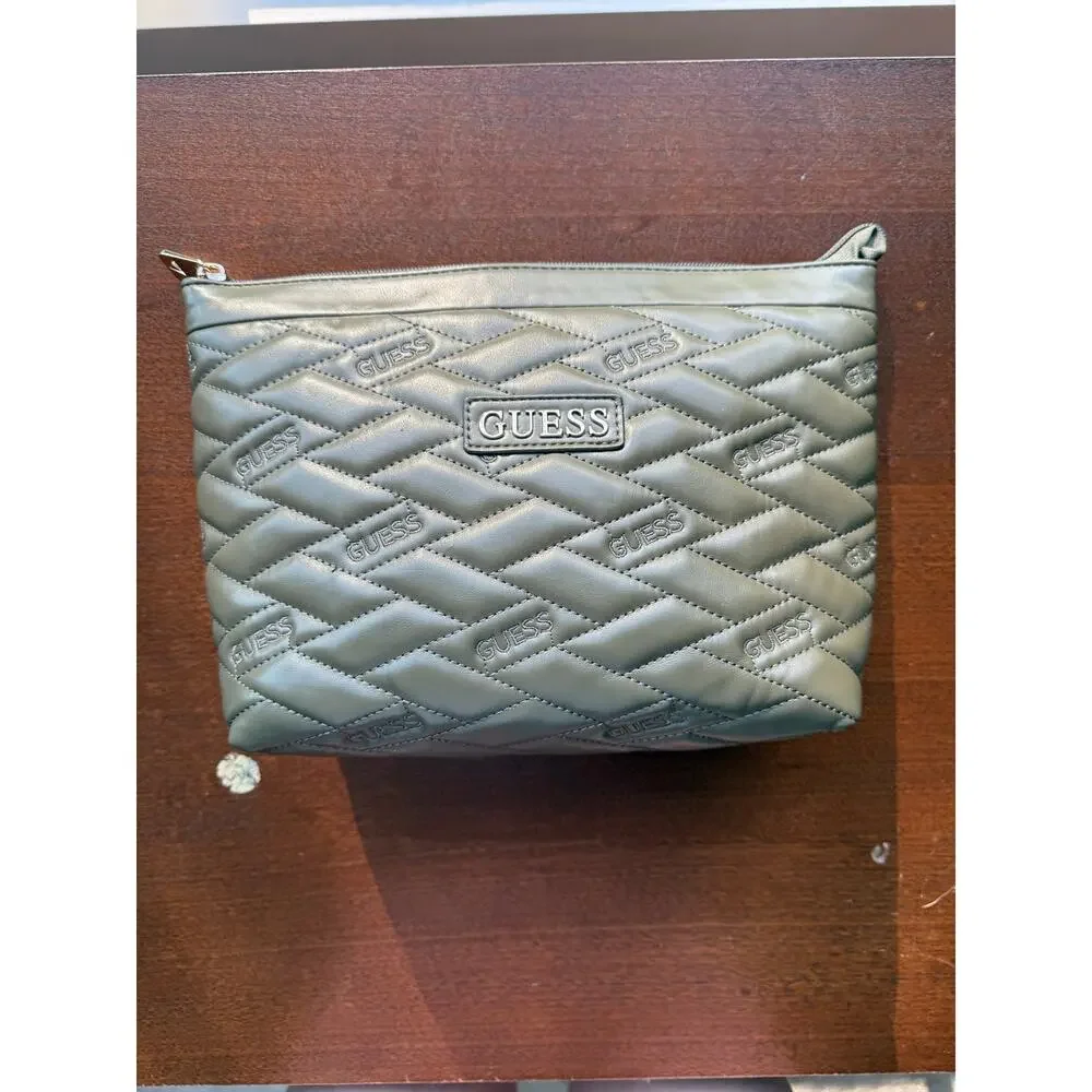NWT GUESS Olive Green Quilted Logo Cosmetic Pouch Briella Travel Bag